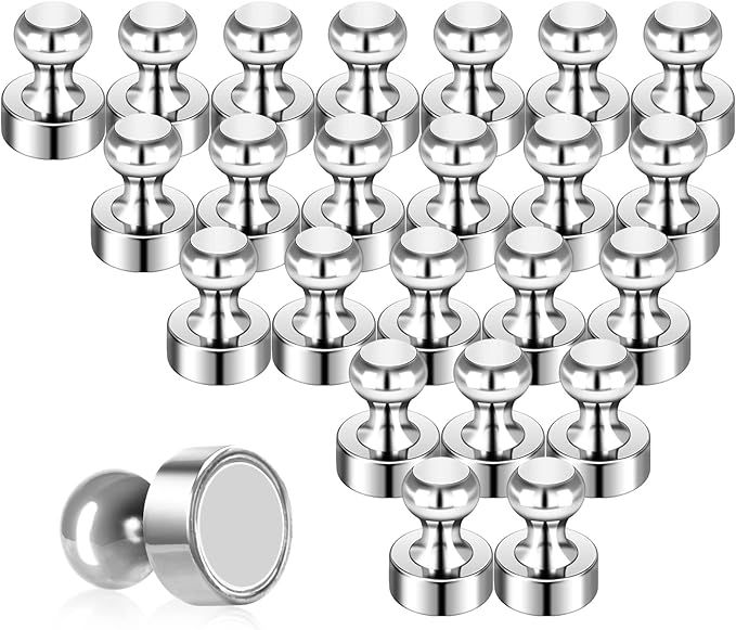 Pack of 24 Silver Magnetic Push Pins for Fridge, Whiteboard, Map, Office, DIY - Refrigerator Magnets for Locker-DeskLoop Office