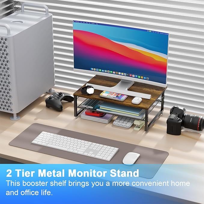 gianotter 2-Tier Metal Monitor Stand Riser, Desk Organizer for Monitor, Office Desk Storage Organizer for Office Supplies (Wood)-DeskLoop Office