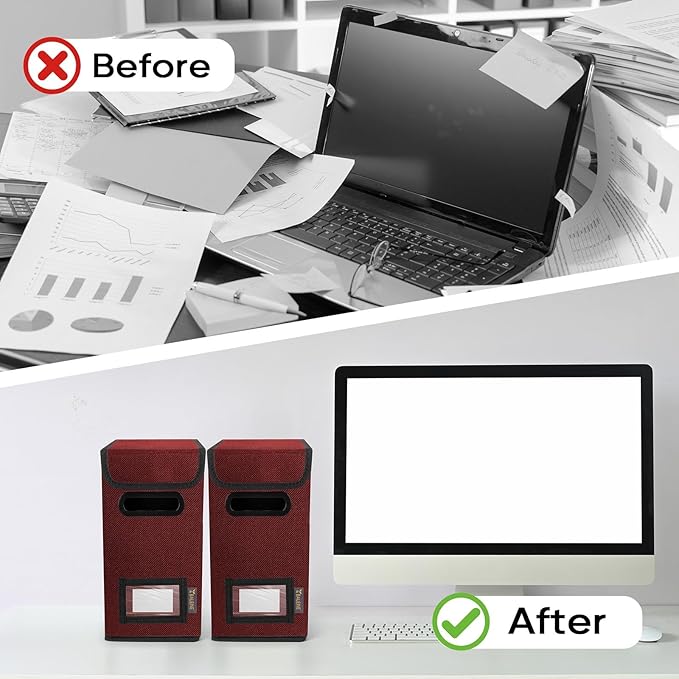 BALEINE File Organizer Box with Lid, Collapsible File Folder Organizer with Plastic Slide, Hanging File Folder Box for Office Document Storage (2 Pack, Red, S)-DeskLoop Office