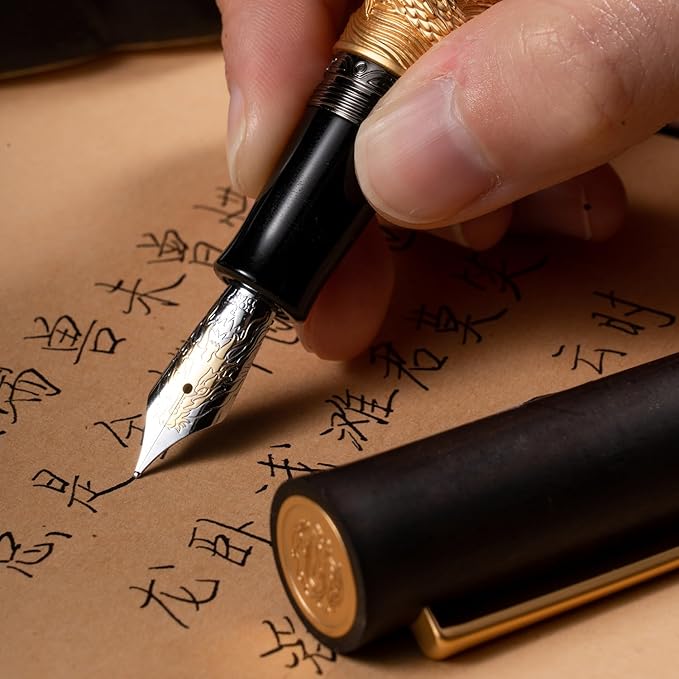 Hongdian N24 Fountain Pen Extra Fine Nib, Golden Dragon Stereoscopic Carving with Red Wood Design-DeskLoop Office