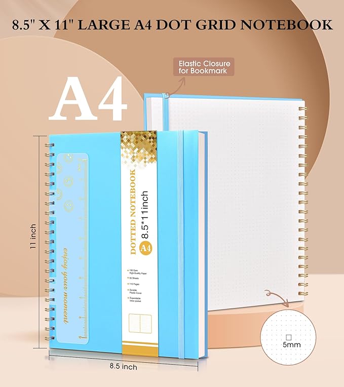 Dotted Notebook, Spiral Notebook Journal 8.5” x 11”, A4 Large Dot Grid Notebooks for Women Men, 100 GSM Dotted Paper, Plastic Hardcover Spiral Bullet Journals for Work School Sketching, Blue-DeskLoop Office