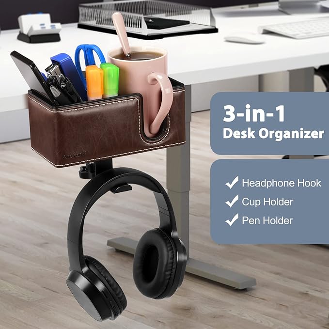 Desk Cup Holder Clip on Pen Holder Headphone Hanger Headset Stand Rotatable Clamp Hook Under Desk (Brown)-DeskLoop Office