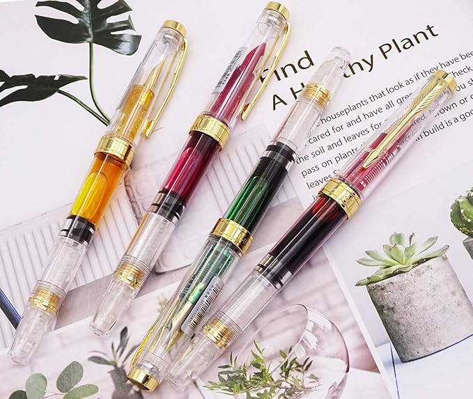 Lanxivi Yongsheng 3011 Demonstrator Clear Classical Fountain Pen Fine Nib Arrow Clip, Piston Filling System, Gold Trim, Set of 4 Pieces in transparent Color-DeskLoop Office