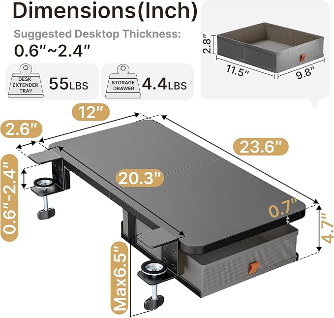 Desk Extender Tray, 24" x 12" Clamp On Desk Shelf, Desk Extension with Storage Drawer, Table Desk Arm Rest, Clamp On Keyboard Tray for Office and Home, Workstation Organizer, Medium, Black-DeskLoop Office