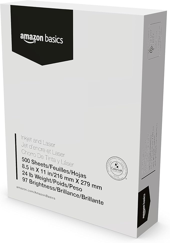 Amazon Basics Multipurpose Copy Printer Paper, 8.5-x-11-inch, 24lb, 1500 Sheets (3 Packs of 500), 97 Bright, White-DeskLoop Office