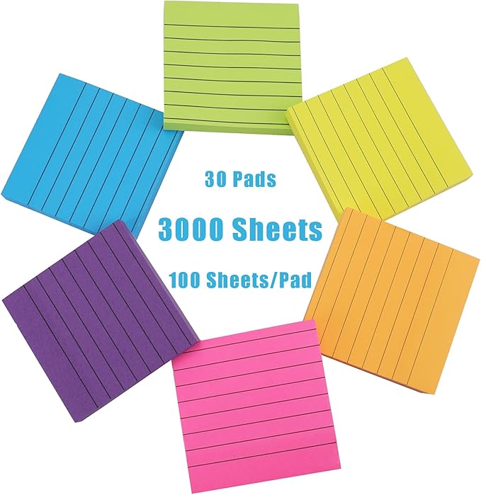 Nicunom 30 Pack Lined Sticky Notes 3x3 in, 3000 Sheets Bright Ruled Post Stickies Colorful Sticky Note Pads Super Sticking Power Memo Pads for Office Home School, 100 Sheets/Pad-DeskLoop Office