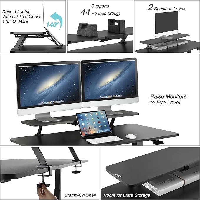 AVLT Clamp Desk Shelf Dual 32" Monitor Riser With Slide-out Holder for Convertible Laptop, Tablet, Smartphone (Black) - Floating Stand (Clamp-On Shelf Only)-DeskLoop Office