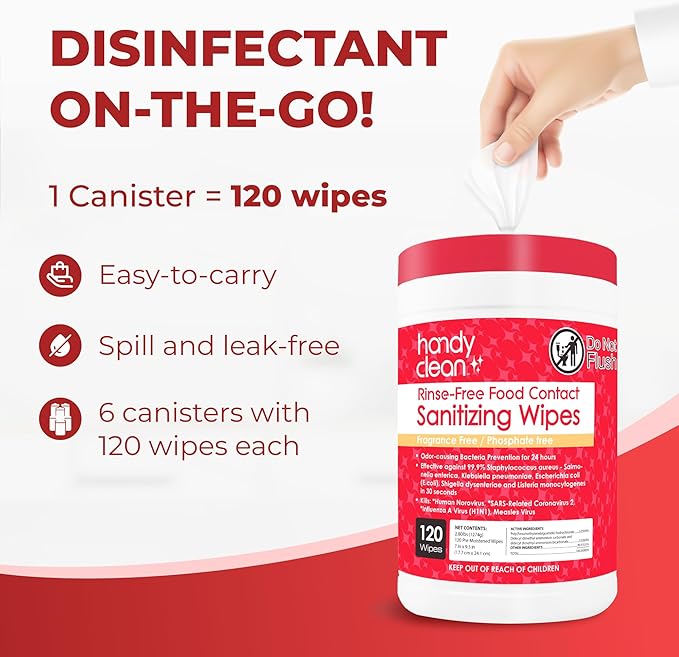 HandyClean Rinse-Free Food Contact Sanitizing Wipes Canister, Multi Surface Cleaning Wipes Cleaning Supplies for Kitchen and Professional Setting 6-Pack (120 Wipes Each)-DeskLoop Office
