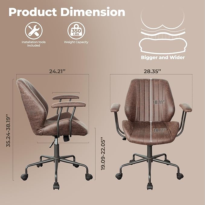 ovios Ergonomic Home Office Chair, Mid-Century Modern Faux Leather Chairs with Padded Armrests, Comfy Mid Back Swivel Rolling Executive Computer Armchair (Dark Brown, Suede Leather)-DeskLoop Office