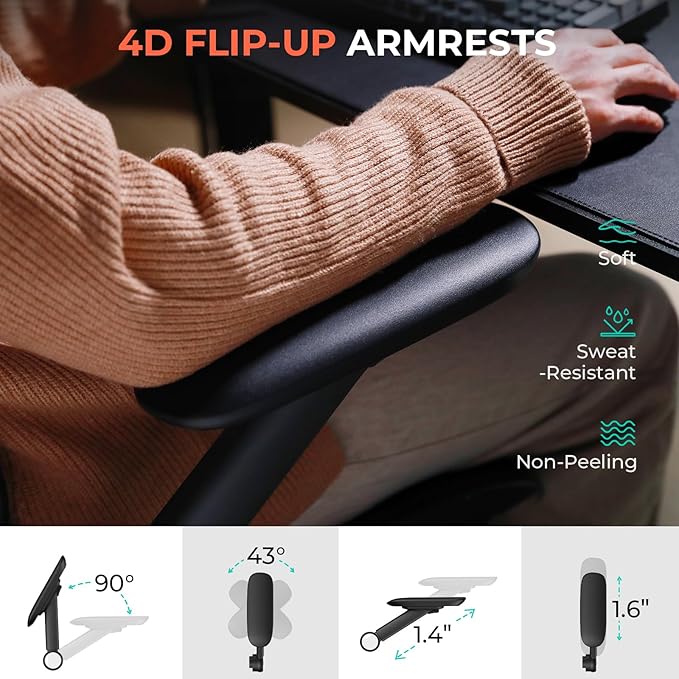 CAPOT Ergonomic Mesh Office Chair, Adjustable Lumbar High Back Desk Chair 400lbs, 4D Flip-up Arms, 3-Level Tilt Backrest, 3D Headrest, PU Wheels, Swivel Rolling Computer Seating for Long Desk Work-DeskLoop Office