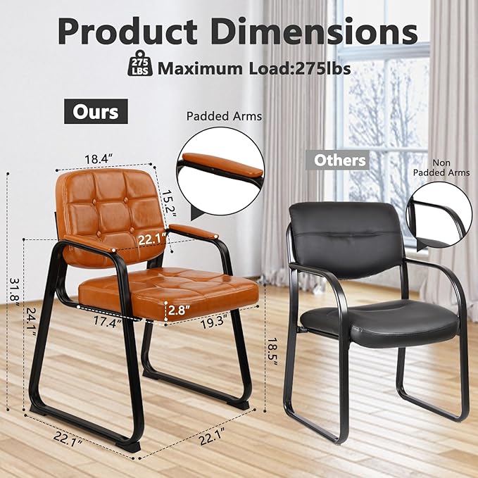 CLATINA Office Guest Chair, Leather Reception Chairs with Padded Arms, Desk Chair No Wheels Stationary for Conference Lobby Waiting Room Training Side Elderly, Orange-DeskLoop Office