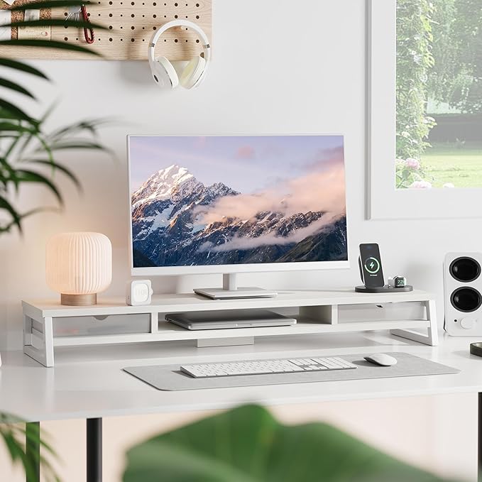 Fenge Dual Monitor Stand, Monitor Riser with Drawer, 42.5 Inch Large Computer Monitor Stand for 2 Monitors, 2 Tier Wooden Desk Shelf for Top of Desk-DeskLoop Office