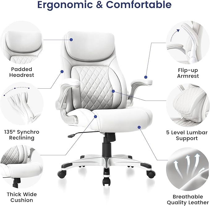 Nouhaus Ergonomic Office Chair Premium Microfiber Leather Adjustable Lumbar Support & Armrests, High Back Comfy Desk Gaming Chairs Executive Computer Swivel Chair Tilt Function(Posture,White)-DeskLoop Office