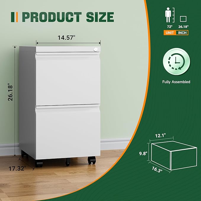 Letaya 2 Drawer Mobile File Cabinet with Lock,Under Desk Metal Filing Cabinets for Home Office Organizer Letters/Legal/A4(Fully Assembled-White)-DeskLoop Office