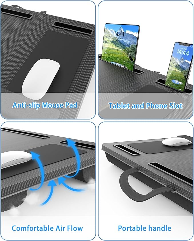 Laptop Lap Desk, Portable Large Laptop Desk for Bed, Up to 17 Inch Lap Pad Tray with Wrist Rest, Mouse Pad, Tablet Phone Slot, Portable Handle, Cushion (Black)-DeskLoop Office