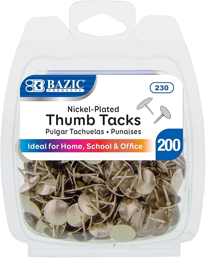 BAZIC Push Pins, Nickel Silver Flat Head Steel Point Thumb Tacks Pin for Cork Bulletin Board Map Posters Picture Office School (200/pack), 1-Pack…-DeskLoop Office