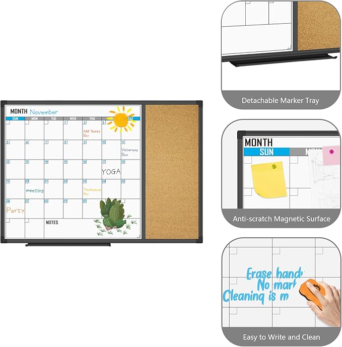 XBoard Dry Erase Calendar Whiteboard 28 X 20 - Combo White Board Calendar Monthly, Magnetic White Board + Corkboard with Black Aluminum Frame-DeskLoop Office