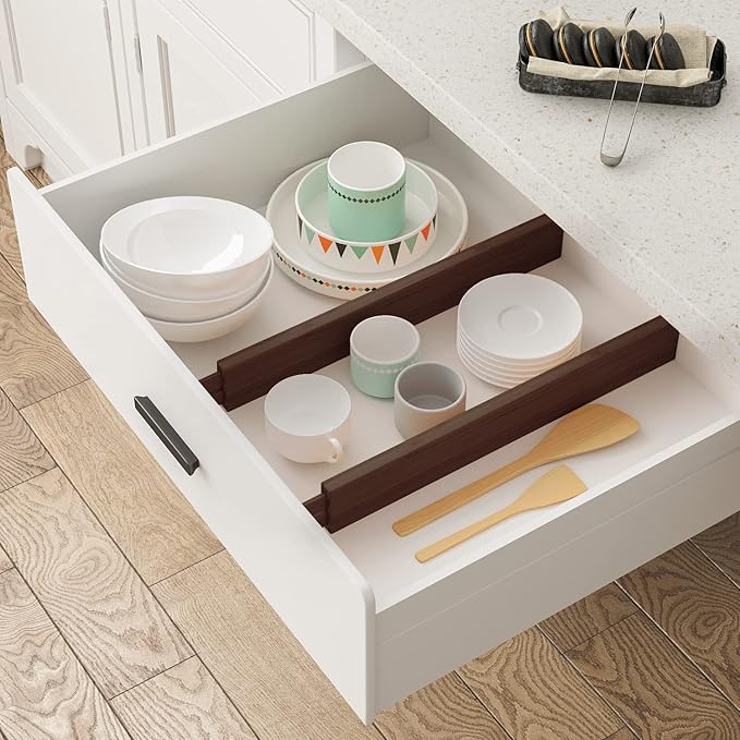 BAMEOS Drawer Divider,Expandable Bamboo Separators Adjustable Utensil Knife Fork Tool Kitchen Organizer, Clothes Fabric Drawer Organizer In Bathroom Bedroom Office, Cabinet Dresser Organizer 4-pack-DeskLoop Office