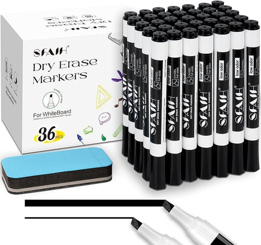 SFAIH Dry Erase Markers Chisel Tip with Magnetic Whiteboard Eraser, 36 Bulk Pack Black White Board Markers for Teachers & Students, Versatile Lines, 1s Quickly Dry, Perfect for Classroom and Office-DeskLoop Office
