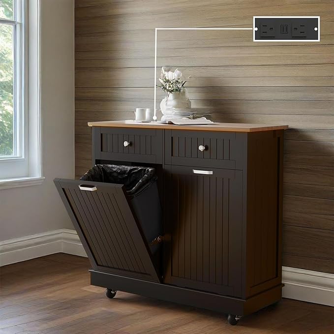 20 Gallon Tilt Out Trash Cabinet, Wooden Kitchen Trash Can Cabinet with Hideaway Drawer, Freestanding Laundry Hamper Garbage Recycling Cabinet on Wheels, Pet Proof, Double, Black-DeskLoop Office
