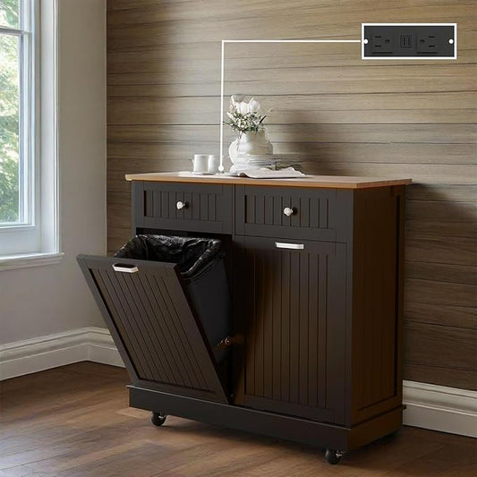 20 Gallon Tilt Out Trash Cabinet, Wooden Kitchen Trash Can Cabinet with Hideaway Drawer, Freestanding Laundry Hamper Garbage Recycling Cabinet on Wheels, Pet Proof, Double, Black-DeskLoop Office