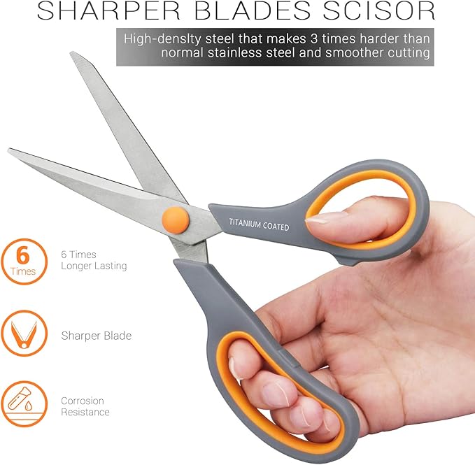 Scissors 8" Multipurpose Titanium Coated Sturdy Sharp Scissors Right/Left Handed Comfort-Grip Handles for Office Home School Sewing Fabric Craft Supplies Gray-DeskLoop Office