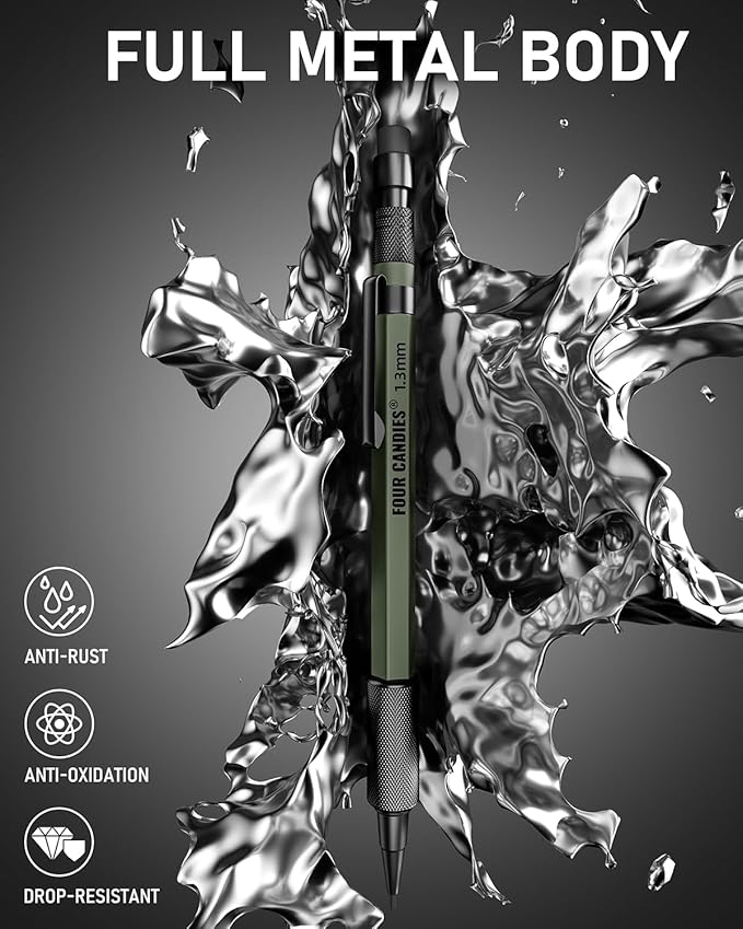 Four Candies 1.3mm Mechanical Pencil Set with 24 Lead Refills, Metal Weatherproof Heavy Duty Outdoor Carpenter Pencil, Eraser, 6 Eraser Refills for Architect Drafting Woodworking Marking with Case-DeskLoop Office