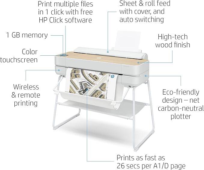 HP DesignJet Studio Large Format 24-inch Wireless Plotter Printer, Includes 3-Year Onsite Warranty Support (5HB12H)-DeskLoop Office