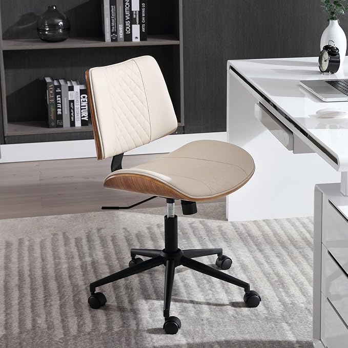 Home Office Chair No Arms with Wheels, Adjustable Height Small Desk Chair, PU Leather Mid Back 360 Swivel Computer Chair, Armless Modern Walnut Chair for Office, Reading Meeting Room(Beige)-DeskLoop Office