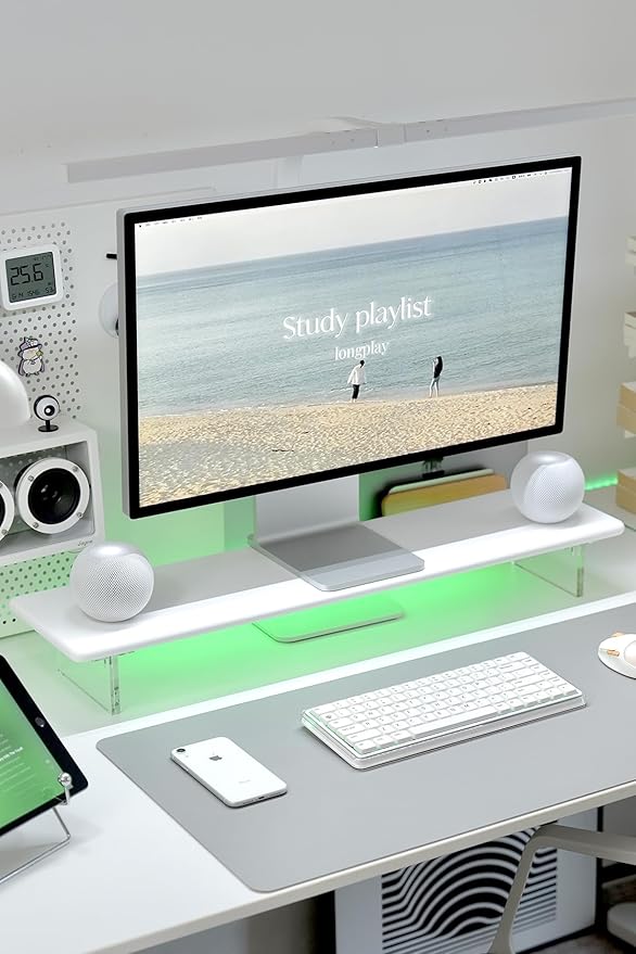 Bamboo Monitor Stand Riser with Acrylic Legs for Desk,31.5 Inches Desktop Shelf Supports for PC Computer Monitor, Laptops, Printer, Speakers (White)-DeskLoop Office