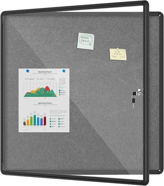 38"x38" Enclosed Bulletin Board, Lockable Weather-Resistant Aluminum Cork Noticeboard for School & Office, Black Frame w/Grey Flet-DeskLoop Office