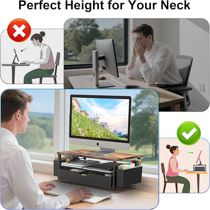 Desk Organizer and Accessories, Computer Monitor Stand Riser with Drawer and 2 Pen Holders, Office Desk Accessories & Workspace Organizers for Office Supplies (Wood)-DeskLoop Office