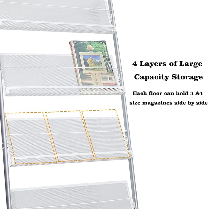 4-Layer Iron Magazine Rack with Wheels, Newspaper Rack, Display Rack, Silver (63)-DeskLoop Office