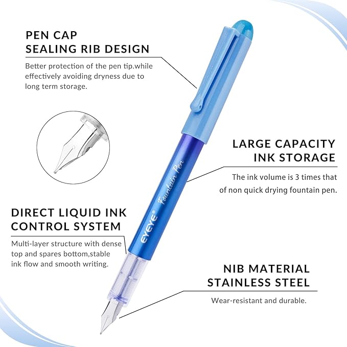 EYEYE Disposable Fountain Pens for Writing, Medium Point Stainless Steel Nib, Pack of 8 Assorted Colors-DeskLoop Office