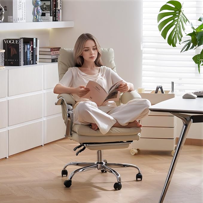 LEAGOO Office Chair with Foot Rest, Ergonomic Executive Office Chair with Arms, Reclining High Back PU Leather Comfy Swivel Computer Desk Chairs with Wheels and Lumbar Support for Home Office, Cream-DeskLoop Office