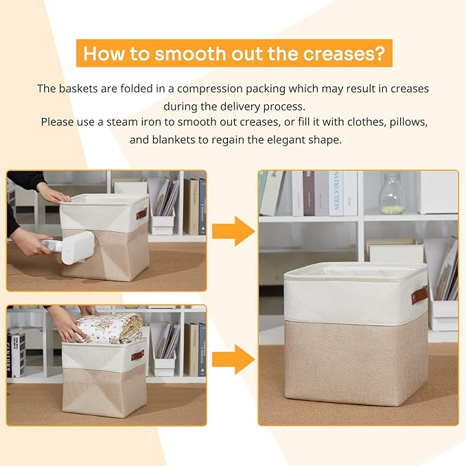 DULLEMELO 11 inch Cube Storage Bins, Large Collapsible Grey Storage Baskets for Square Cubes Organizing, Fabric Boxes Bins for Shelves Nursery Home Office Storage(4 Pack - 11" White&Khaki)-DeskLoop Office