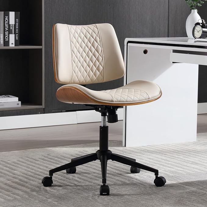 Home Office Chair No Arms with Wheels, Adjustable Height Small Desk Chair, PU Leather Mid Back 360 Swivel Computer Chair, Armless Modern Walnut Chair for Office, Reading Meeting Room(Beige)-DeskLoop Office