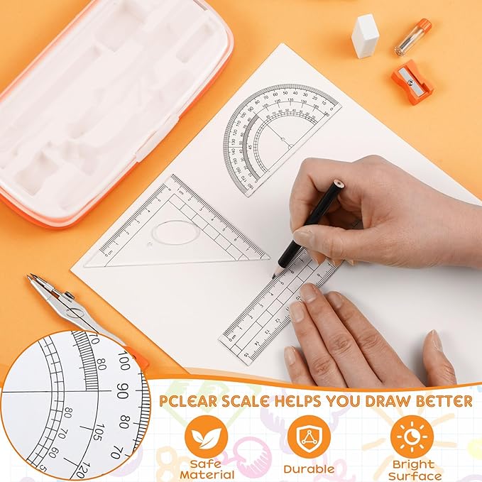 Teling 12 Sets Math Geometry Kit for Students 10 Pcs Compass Geometry Tools Set Includes Rulers Protractor Compass Eraser Pencil Sharpener Lead Refills Pencil (Orange)