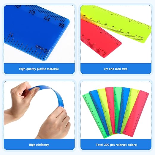 Zonon 200 Pcs Rulers Bulk Plastic Flexible Straight Rulers with Inches and Centimeters for First Day of School Gift for Students Back to School Office Supplies(Opaque Bright Color,6 Inch)-DeskLoop Office