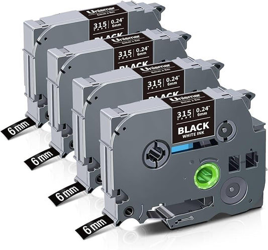 Unismar Compatible for Brother 6mm White on Black Label Maker Tape TZe-315 TZ315 TZe 6mm 0.23 Black Tape Work for PTD220 PTD200 PTD210 PTD600 PTD400 PTH100 PTH110 PT1280 PT1890, 1/4'' x 26.2', 4-Pack-DeskLoop Office