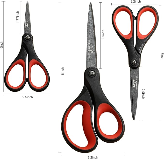 LIVINGO 3 Pack Titanium Scissors All Purpose - Non Stick Stainless Steel Sharp Scissors Set Heavy Duty for Office School Sewing Crafting Cutting Fabric Paper, Comfortable Grip, 5”, 7” & 8”-DeskLoop Office