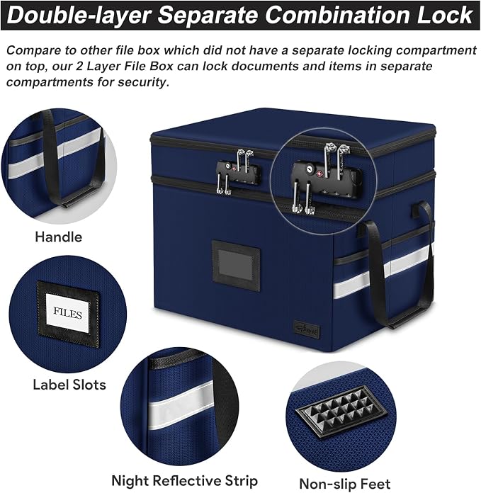 Fireproof Document Box with Lock, 2-Layer File Box Storage Organizer with 5 - Image 7