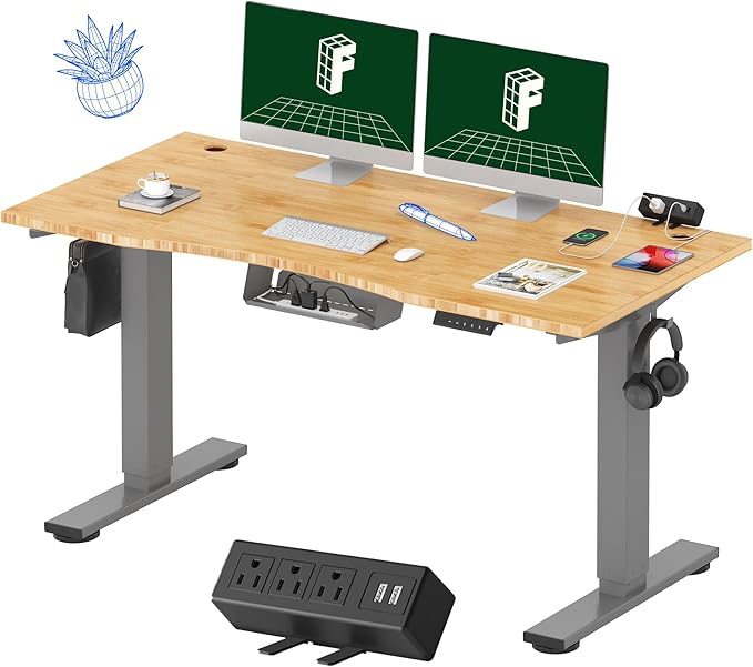 FLEXISPOT EN2 Whole-Piece Bamboo Standing Desk with Clamp Power Strip, 55 x 28 Electric Stand Up Height Adjustable Desk with Cable Management (Grey Frame + 55" Bamboo Top, 2 Packages)-DeskLoop Office