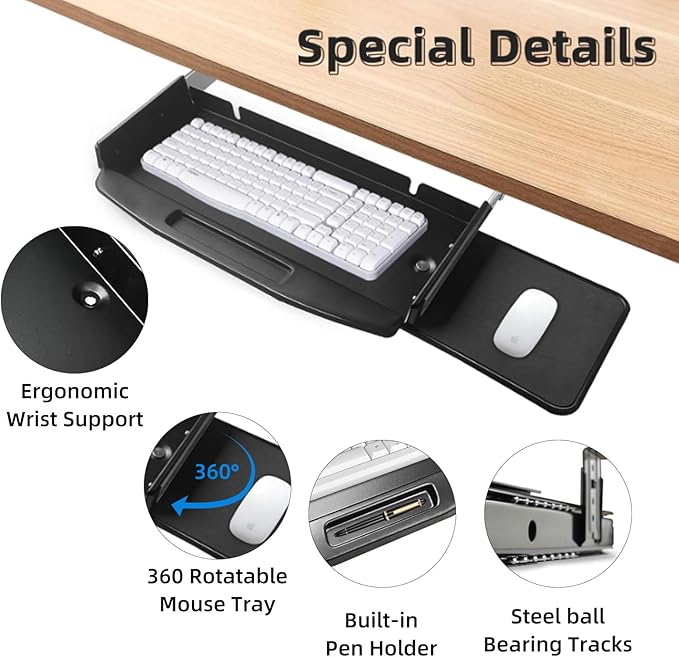 Solid Steel Under Desk Keyboard Tray Slide Out with 360° Rotating Mouse Platform,Keyboard Shelf Sliding,Under Desk Mounted Keyboard Holder,Under Desk Keyboard Drawer 28"Lx10"W-DeskLoop Office
