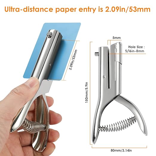 Hole Punch 5/16 inch Single Hole Punch,Heavy Duty Hole Puncher Single,Paper Punch Portable Hand Held Long Hole Puncher for Paper Cards Plastic Cardboard (Silver) (5/16"-8mm Hole)-DeskLoop Office