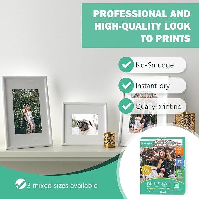Glossy Photo Paper 4x6, 5x7, 8.5x11, 120 Variety Pack Bulk, Assorted Sizes, Inkjet printer, 52lb/200gsm-DeskLoop Office