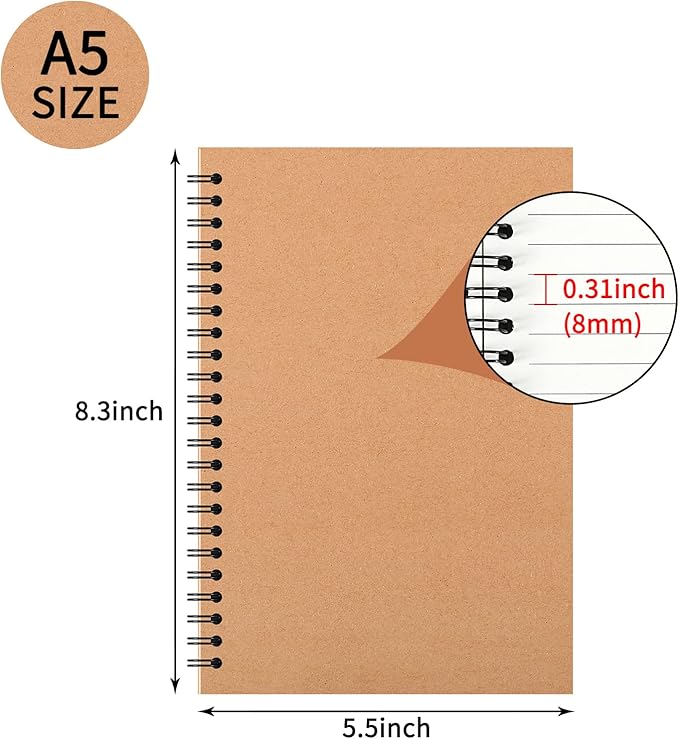 6 Pcs A5 Spiral Notebooks Journal with Kraft Cover, 5x8 Inches, Ruled Lined Paper, for Work, Sketches, Study, Notes Taking, Gifts, Brown (6 PCS(Lined))-DeskLoop Office