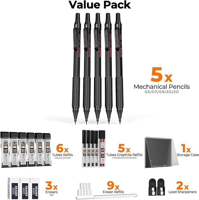 Nicpro 22PCS Art Mechanical Pencil Set, Black Artist Metal Drafting Pencil 0.5 & 0.7 & 0.9 mm & 2PCS 2mm Graphite Lead Holder(4B 2B HB 2H) for Drawing Writing Sketching With Lead Refills Erasers Case-DeskLoop Office