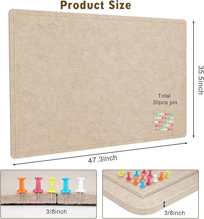 Large Bulletin Board, 48 X 36 inches Felt Board Notice Pin Board, 4' x 3'Cork Board Alternative for Wall, Self-Adhesive Vision Board Mood Board Foldable Photo Board with 30 Pushpin (Beige Brown)-DeskLoop Office