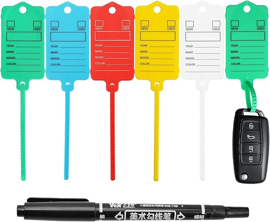 100 Car Key Tags with Labels Plastic Car Dealership Key Tags Self Locking Automotive Identifiers Blank Shop Labels with One Pen (Mixed Color)-DeskLoop Office